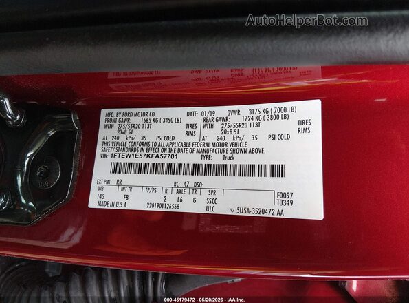 1FTEW1E57KFA57701 2019 FORD F150 Red ძრავის განყოფილების ხედი