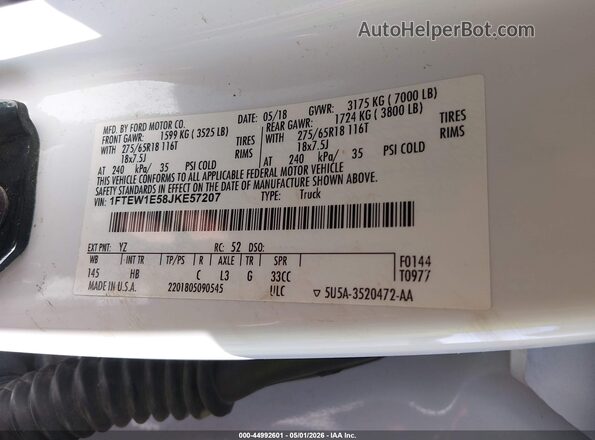 1FTEW1E58JKE57207 2018 FORD F150 Белый 