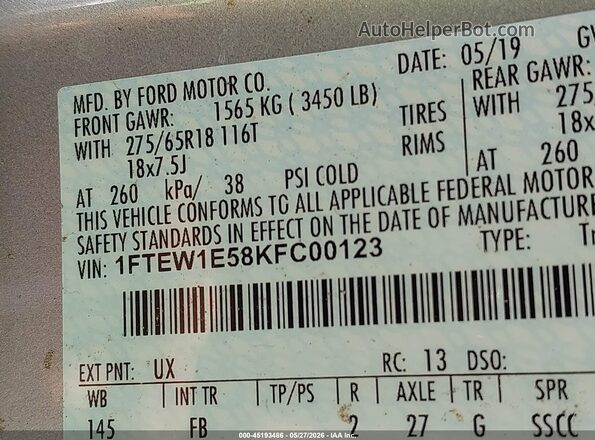 1FTEW1E58KFC00123 2019 FORD F150 Серебряный Вид подкапотного пространства