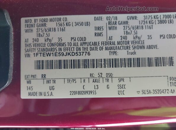 1FTEW1E59JKD53776 2018 FORD F150 Red Widok komory silnika
