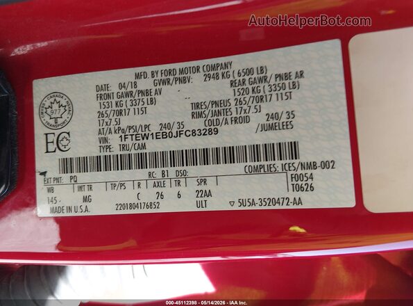 1FTEW1EB0JFC83289 2018 FORD F150 Red Вид підкапотного простору