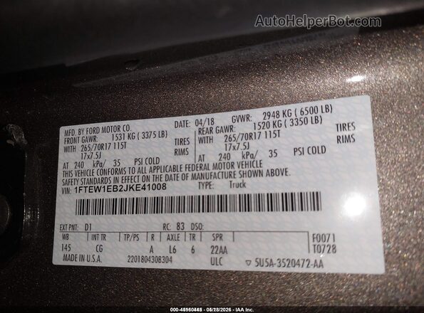 1FTEW1EB2JKE41008 2018 FORD F150 Brown ძრავის განყოფილების ხედი