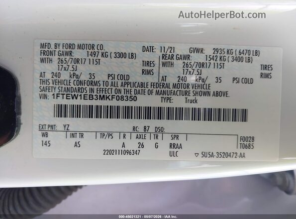 1FTEW1EB3MKF08350 2021 FORD F150 White Շարժիչի բաժամունքի տեսք