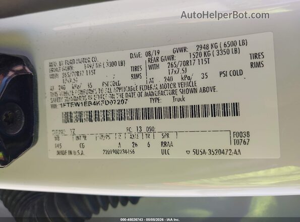 1FTEW1EB4KFD07207 2019 FORD F150 White Շարժիչի բաժամունքի տեսք