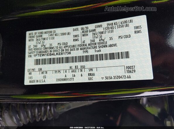 1FTEW1EB4LKE81738 2020 FORD F150 Black 
