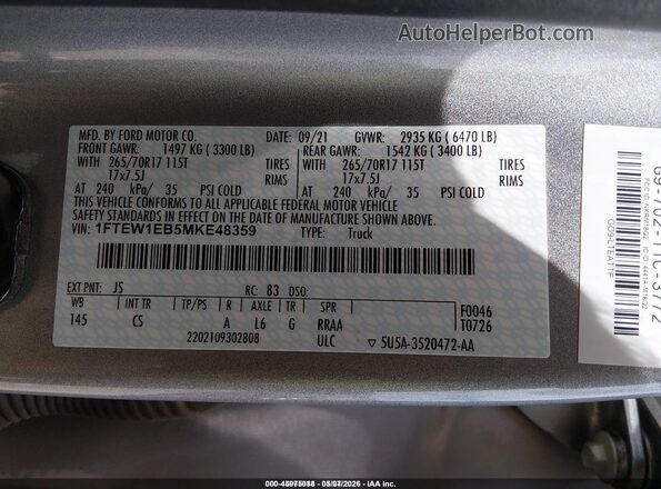 1FTEW1EB5MKE48359 2021 FORD F150 Silver Vista del compartimento del motor