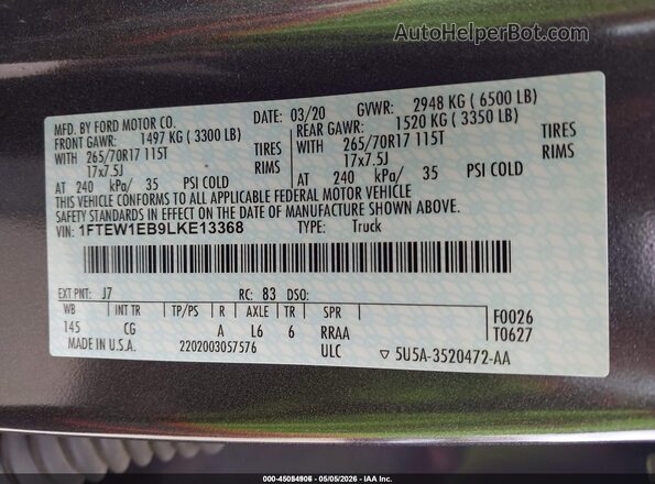 1FTEW1EB9LKE13368 2020 FORD F150 Gray 