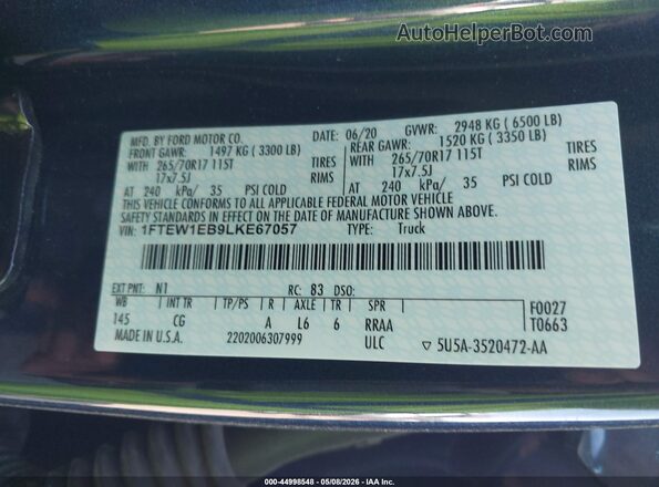 1FTEW1EB9LKE67057 2020 FORD F150 Blue 