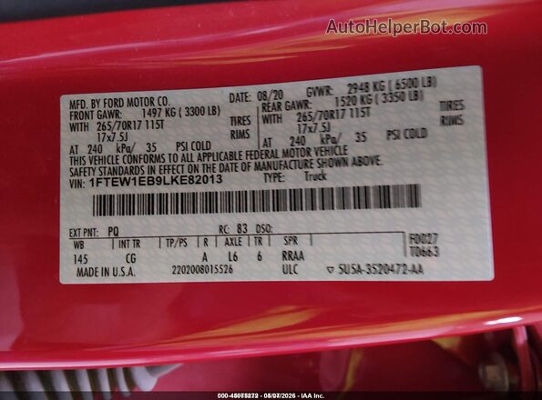 1FTEW1EB9LKE82013 2020 FORD F150 Red Շարժիչի բաժամունքի տեսք