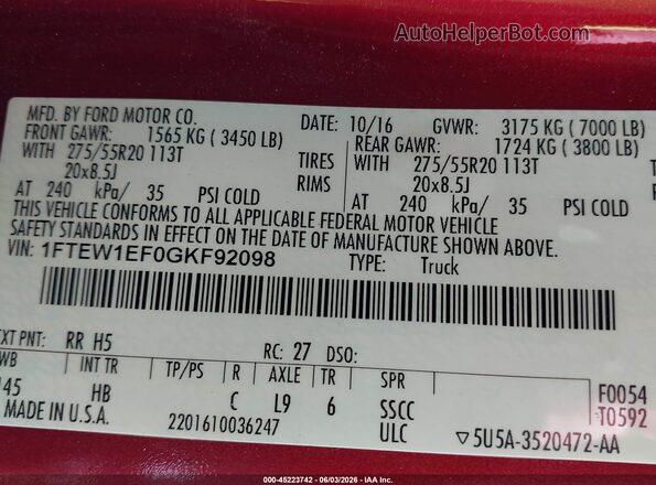 1FTEW1EF0GKF92098 2016 FORD F150 Red Շարժիչի բաժամունքի տեսք