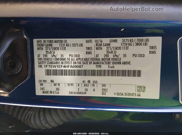 1FTEW1EF4HFA09087 2017 FORD F150 Blue Vista del compartimento del motor