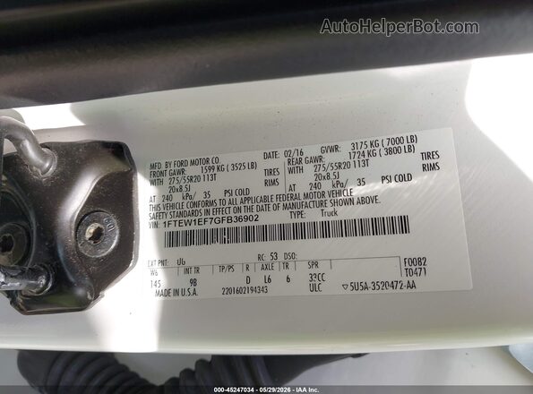 1FTEW1EF7GFB36902 2016 FORD F150 White Շարժիչի բաժամունքի տեսք