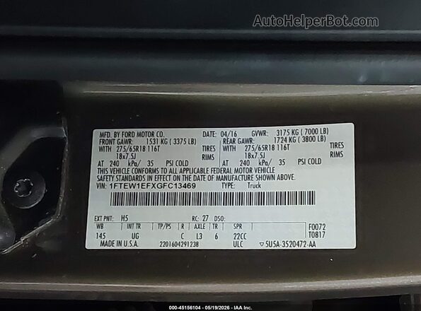 1FTEW1EFXGFC13469 2016 FORD F150 Brown Widok komory silnika
