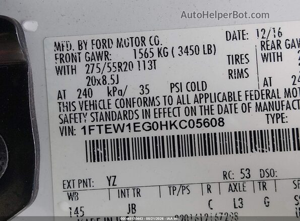 1FTEW1EG0HKC05608 2017 FORD F150 White Շարժիչի բաժամունքի տեսք