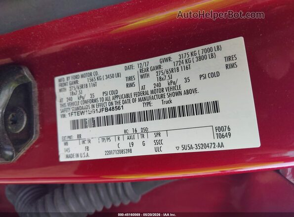 1FTEW1EG1JFB48561 2018 FORD F150 Red Engine compartment view