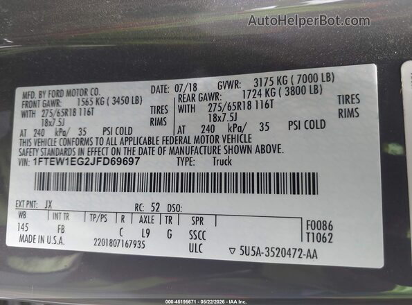 1FTEW1EG2JFD69697 2018 FORD F150 Gray ძრავის განყოფილების ხედი
