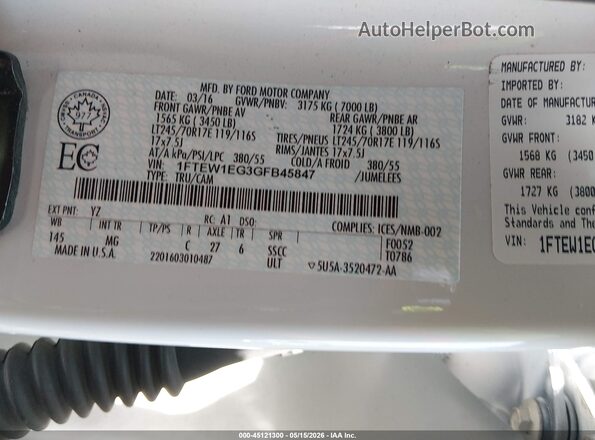 1FTEW1EG3GFB45847 2016 FORD F150 White Շարժիչի բաժամունքի տեսք