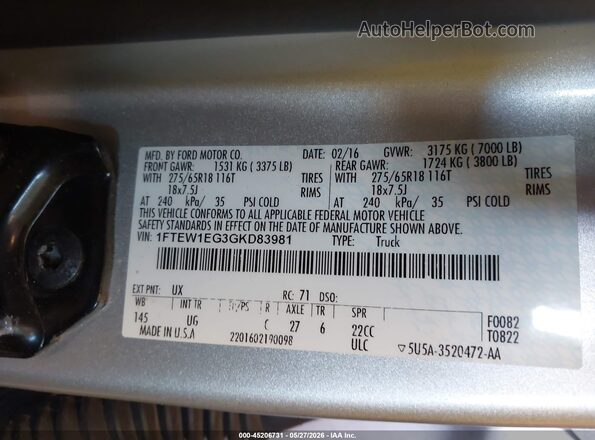 1FTEW1EG3GKD83981 2016 FORD F150 Silver Vista del compartimento del motor