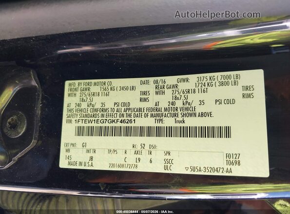 1FTEW1EG7GKF46261 2016 FORD F150 Black 