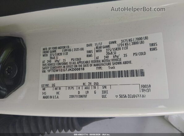 1FTEW1EG7JKD00818 2018 FORD F150 White Вид підкапотного простору