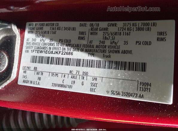 1FTEW1EG8JKF22686 2018 FORD F150 Red Vista del compartimento del motor