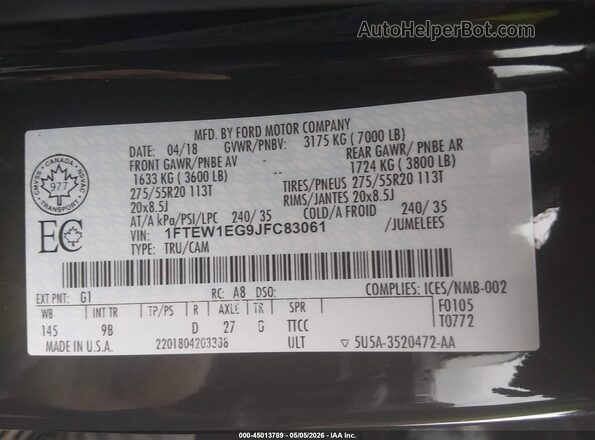 1FTEW1EG9JFC83061 2018 FORD F150 Черный Вид подкапотного пространства