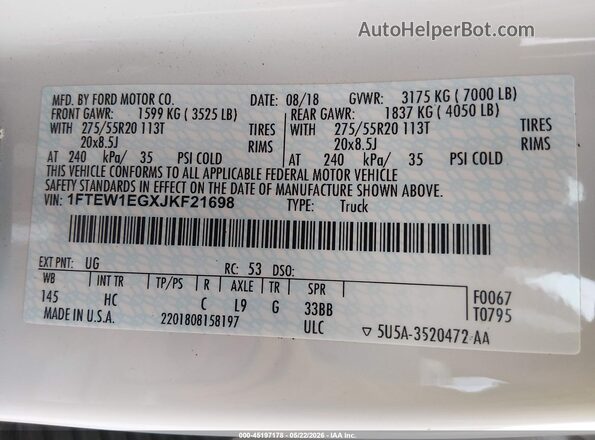 1FTEW1EGXJKF21698 2018 FORD F150 White Вид підкапотного простору