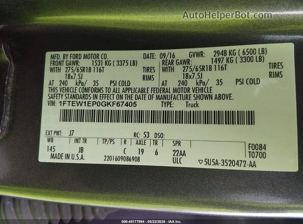 1FTEW1EP0GKF67405 2016 FORD F150 Gray VIN sticker view