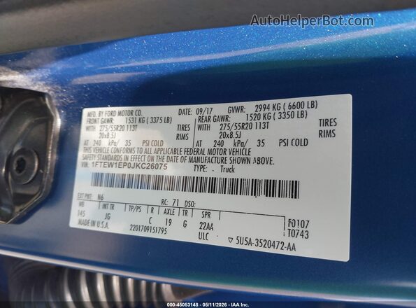 1FTEW1EP0JKC26075 2018 FORD F150 Blue Շարժիչի բաժամունքի տեսք