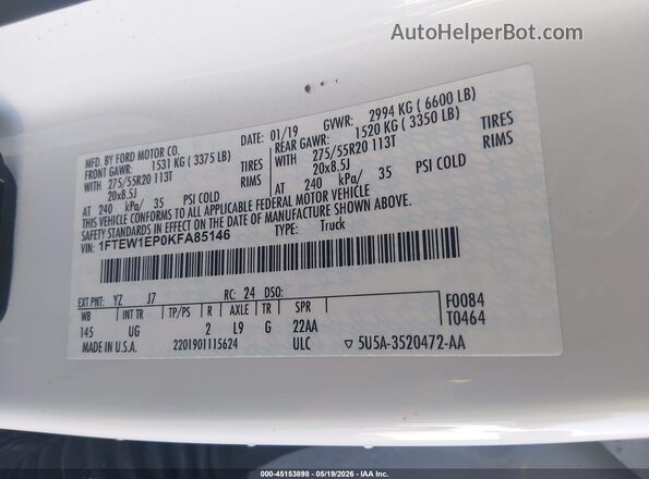 1FTEW1EP0KFA85146 2019 FORD F150 Белый Вид подкапотного пространства