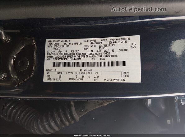 1FTEW1EP0KFD44721 2019 FORD F150 Blue Շարժիչի բաժամունքի տեսք