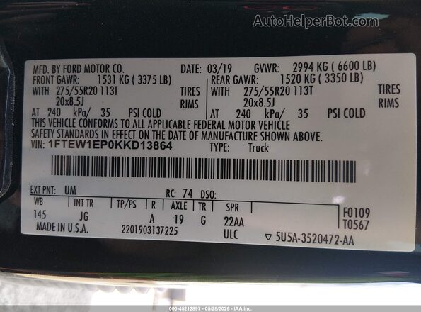 1FTEW1EP0KKD13864 2019 FORD F150 Black Вид підкапотного простору