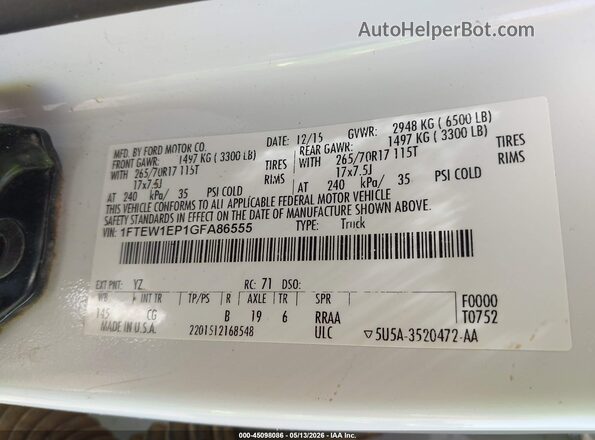 1FTEW1EP1GFA86555 2016 FORD F150 Белый Вид подкапотного пространства