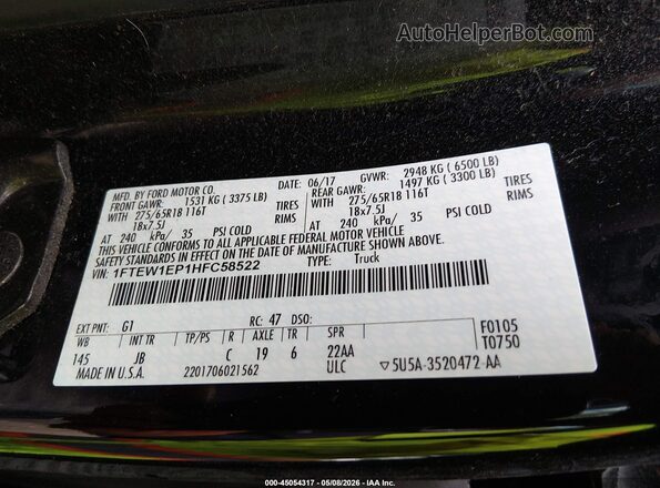 1FTEW1EP1HFC58522 2017 FORD F150 Black 