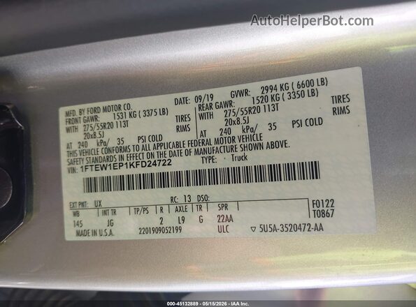1FTEW1EP1KFD24722 2019 FORD F150 Silver Engine compartment view