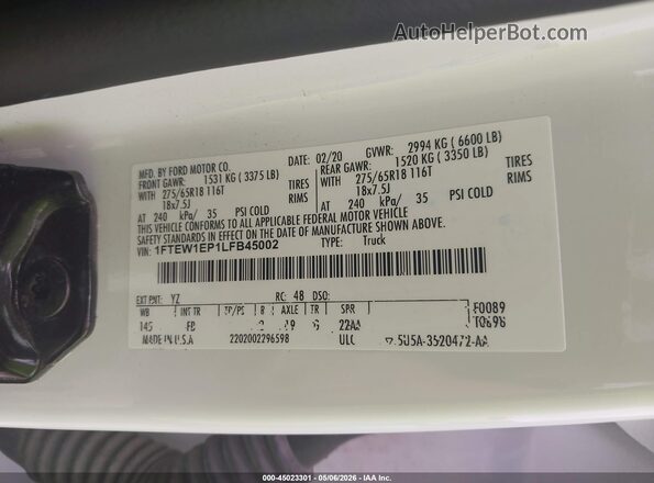1FTEW1EP1LFB45002 2020 FORD F150 White Շարժիչի բաժամունքի տեսք