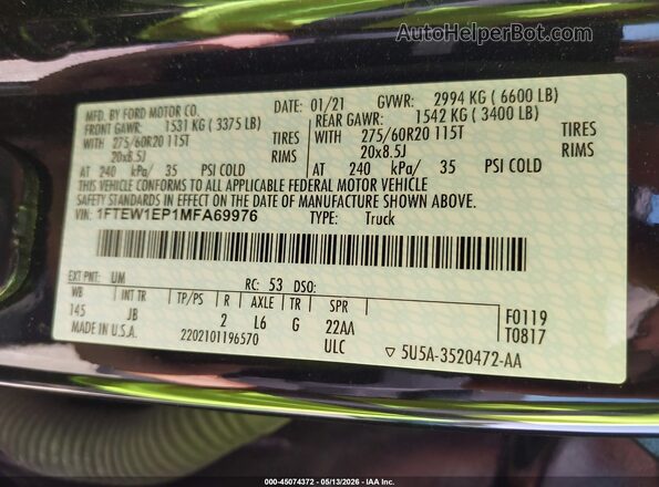 1FTEW1EP1MFA69976 2021 FORD F150 Black Vista del compartimento del motor