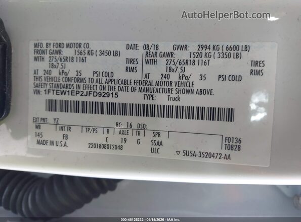1FTEW1EP2JFD92915 2018 FORD F150 White Widok komory silnika