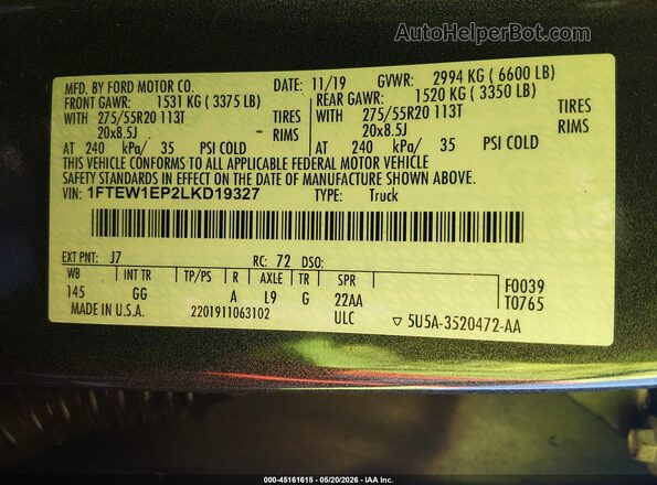 1FTEW1EP2LKD19327 2020 FORD F150 Gray Vista del compartimento del motor