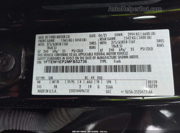 1FTEW1EP2MFB52736 2021 FORD F150 Black Вид підкапотного простору