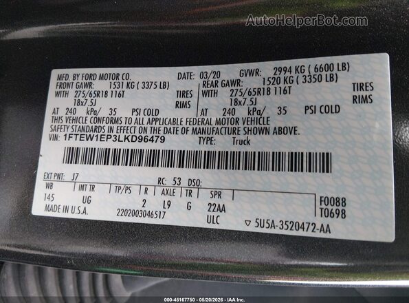 1FTEW1EP3LKD96479 2020 FORD F150 Gray ძრავის განყოფილების ხედი