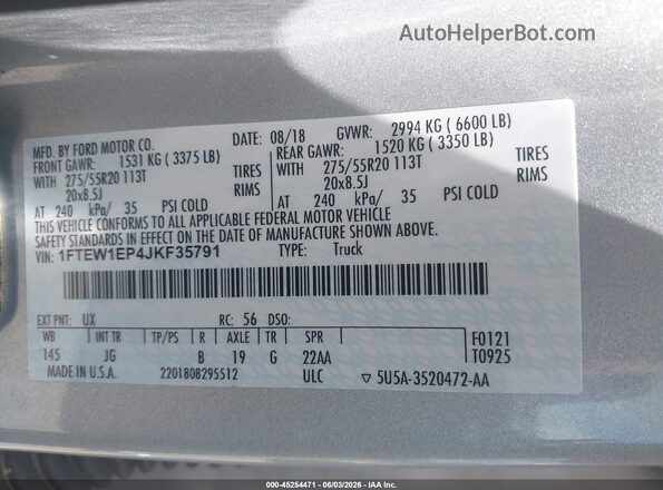 1FTEW1EP4JKF35791 2018 FORD F150 Silver Вид підкапотного простору