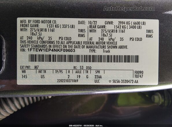 1FTEW1EP4NKF09603 2022 FORD F150 Gray Widok komory silnika