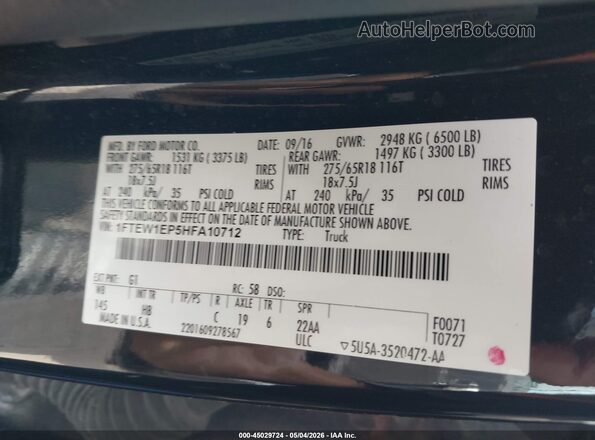 1FTEW1EP5HFA10712 2017 FORD F150 Black Շարժիչի բաժամունքի տեսք