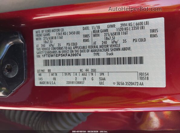 1FTEW1EP5KFA39974 2019 FORD F150 Red Widok komory silnika