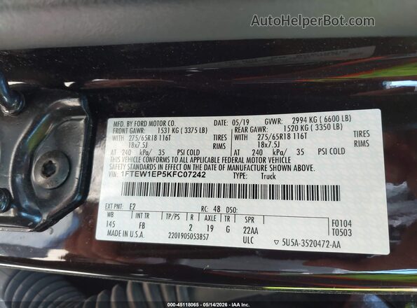 1FTEW1EP5KFC07242 2019 FORD F150 Maroon Вид підкапотного простору