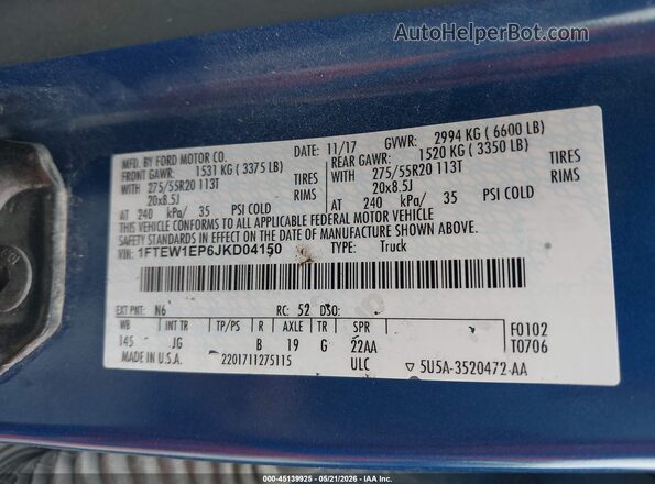 1FTEW1EP6JKD04150 2018 FORD F150 Синий Вид подкапотного пространства