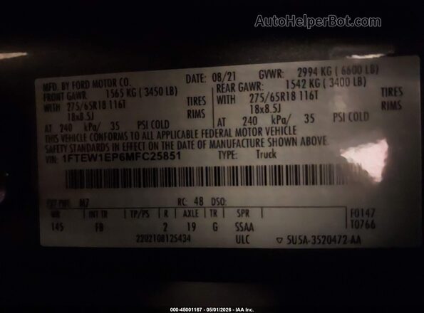 1FTEW1EP6MFC25851 2021 FORD F150 Gray Engine compartment view
