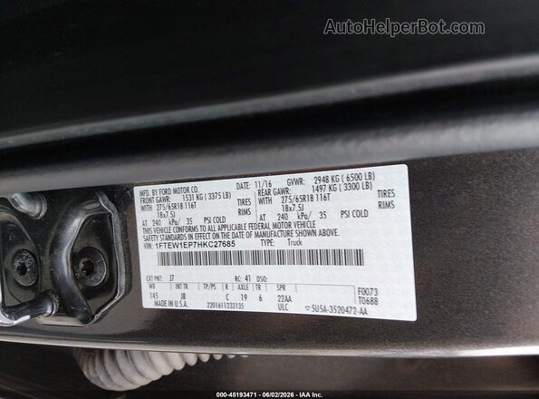 1FTEW1EP7HKC27685 2017 FORD F150 Gray Widok komory silnika