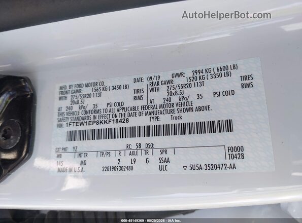 1FTEW1EP8KKF18428 2019 FORD F150 White Vista del compartimento del motor
